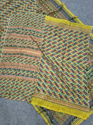 Women   s mustard yellow printed saree with traditional beautiful print and with real mirror work 4