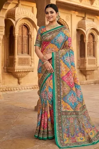 Women   s multicolor printed saree with traditional beautiful print and with real mirror work