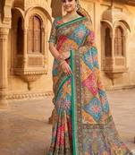 Women   s multicolor printed saree with traditional beautiful print and with real mirror work