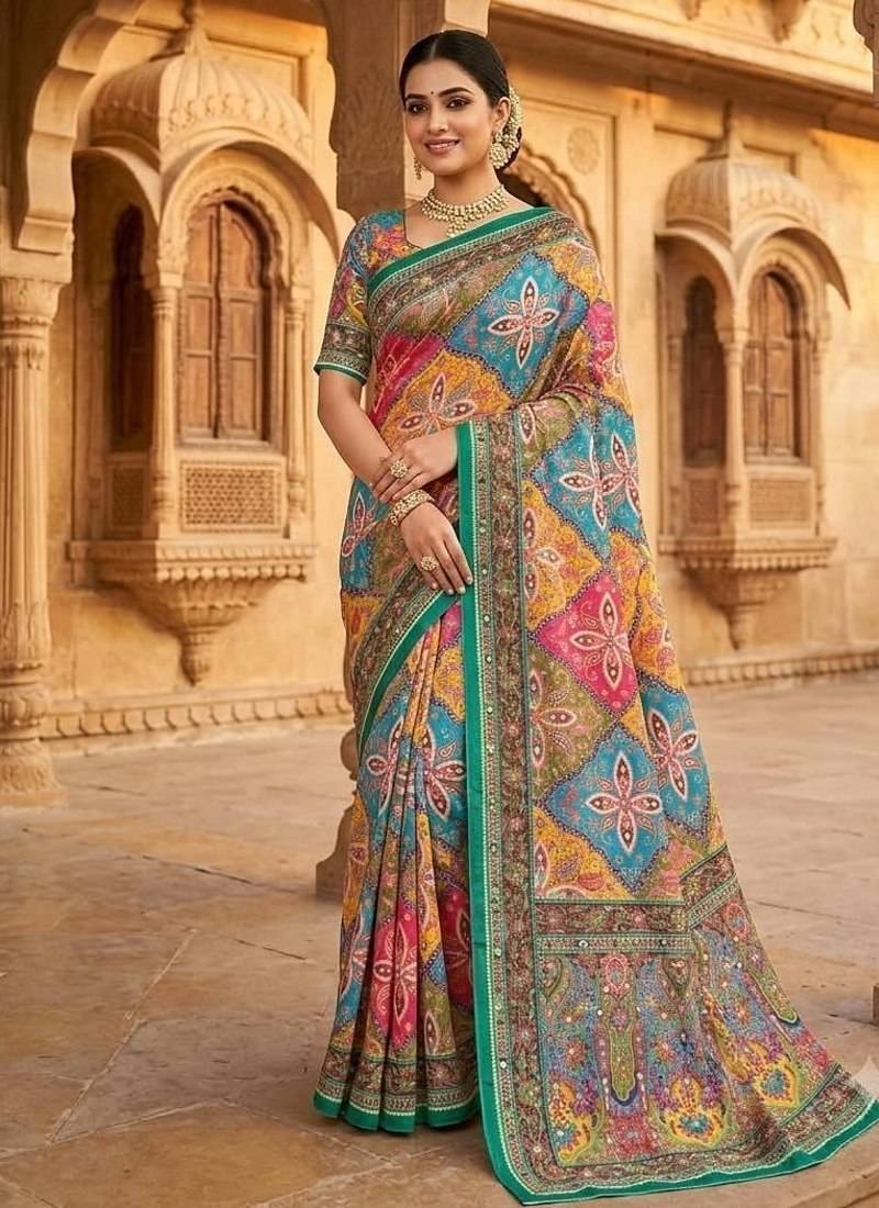 Women   s multicolor printed saree with traditional beautiful print and with real mirror work