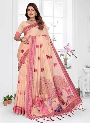 peach jacquard weaving work cotton blend saree 1