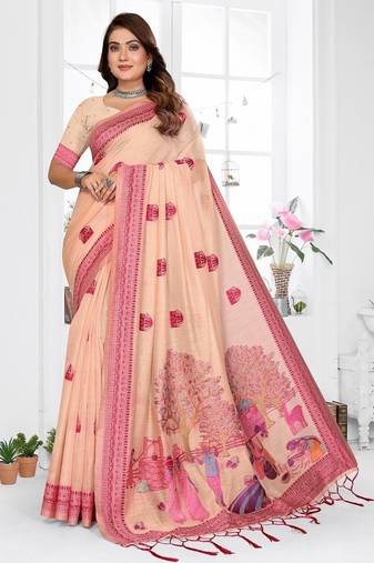 peach jacquard weaving work cotton blend saree