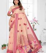 peach jacquard weaving work cotton blend saree