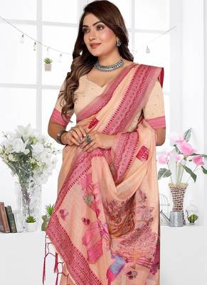peach jacquard weaving work cotton blend saree 2