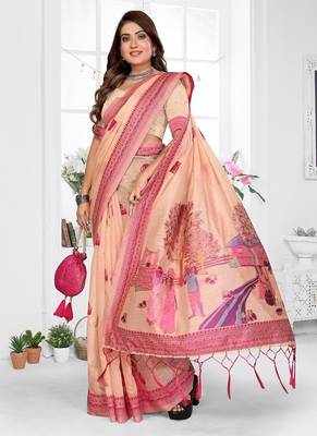 peach jacquard weaving work cotton blend saree 3