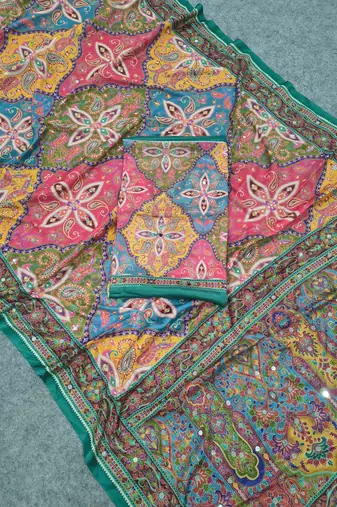 Women   s multicolor printed saree with traditional beautiful print and with real mirror work