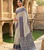 Women   s white printed saree with traditional beautiful print and with real mirror work