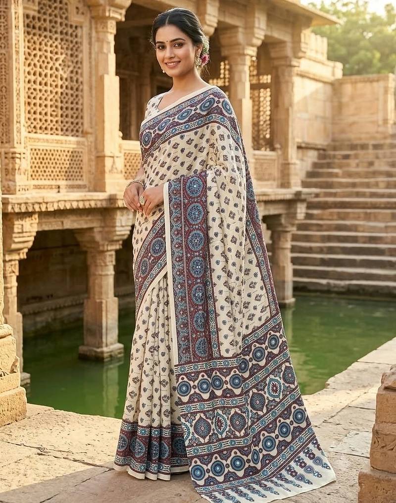 Women   s white printed saree with traditional beautiful print and with real mirror work