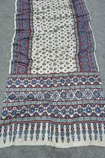 Women   s white printed saree with traditional beautiful print and with real mirror work