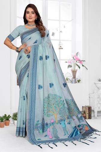 sky blue jacquard weaving work cotton blend saree