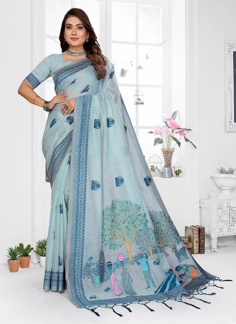 sky blue jacquard weaving work cotton blend saree