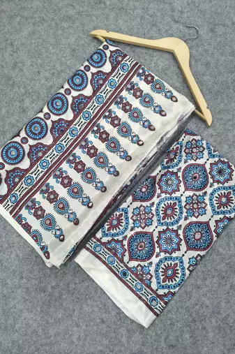 Women   s white printed saree with traditional beautiful print and with real mirror work