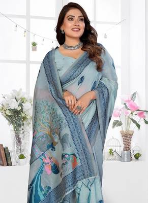 sky blue jacquard weaving work cotton blend saree 2
