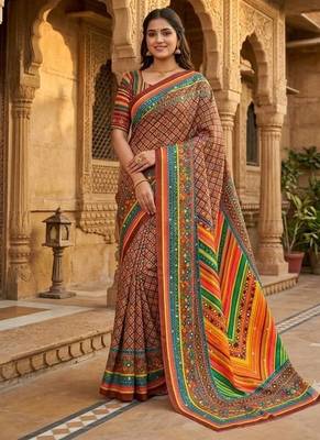 Women   s brown printed saree with traditional beautiful print and with real mirror work 1