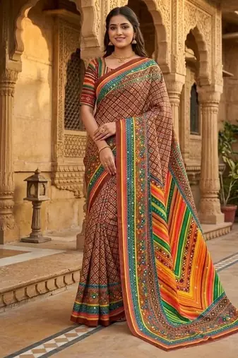 Women   s brown printed saree with traditional beautiful print and with real mirror work