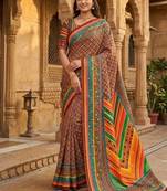 Women   s brown printed saree with traditional beautiful print and with real mirror work