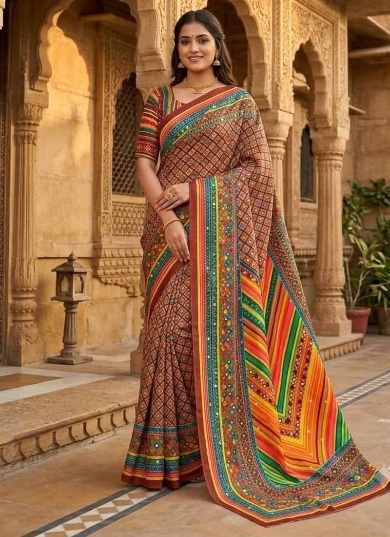 Women   s brown printed saree with traditional beautiful print and with real mirror work