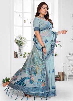 sky blue jacquard weaving work cotton blend saree 3