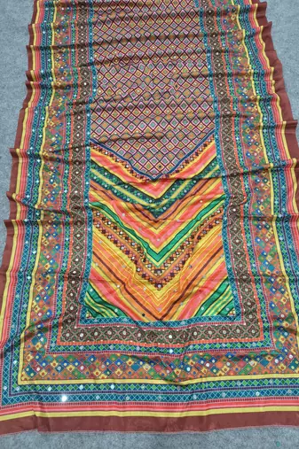 Women   s brown printed saree with traditional beautiful print and with real mirror work