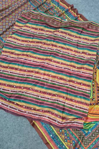 Women   s brown printed saree with traditional beautiful print and with real mirror work