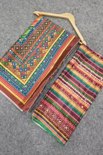 Women   s brown printed saree with traditional beautiful print and with real mirror work