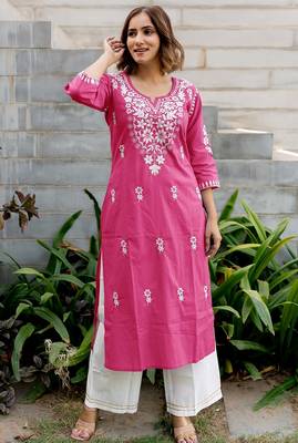 Mirchi Fashion Women's Pink Thread Embroidery Work Pure Cotton Kurti With Bottom Set 1