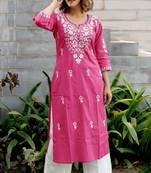 Mirchi Fashion Women's Pink Thread Embroidery Work Pure Cotton Kurti With Bottom Set