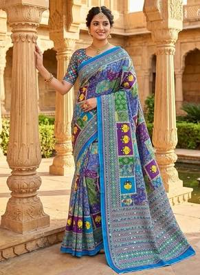 Women   s blue printed saree with traditional beautiful print and with real mirror work 1