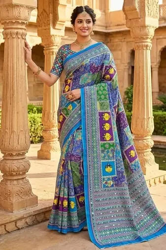 Women   s blue printed saree with traditional beautiful print and with real mirror work