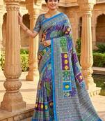 Women   s blue printed saree with traditional beautiful print and with real mirror work