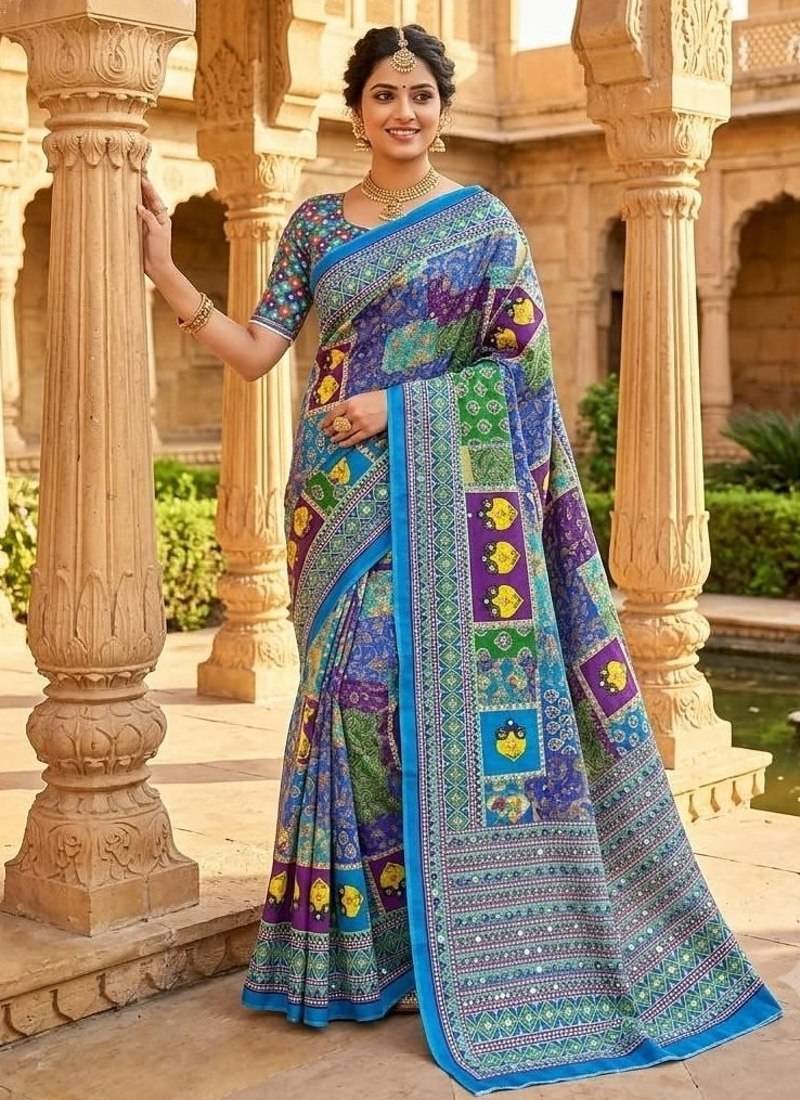 Women   s blue printed saree with traditional beautiful print and with real mirror work