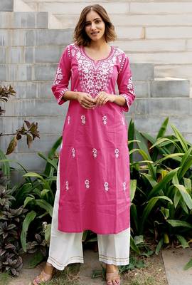 Mirchi Fashion Women's Pink Thread Embroidery Work Pure Cotton Kurti With Bottom Set 6