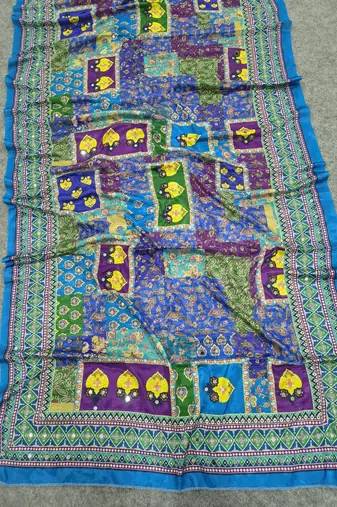 Women   s blue printed saree with traditional beautiful print and with real mirror work