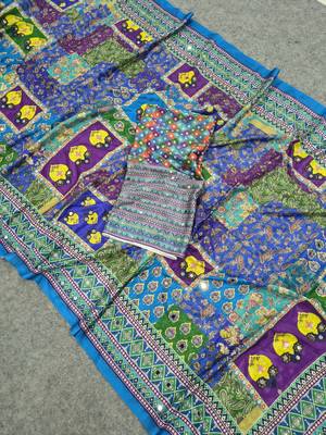 Women   s blue printed saree with traditional beautiful print and with real mirror work 3