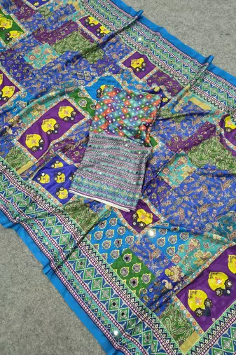 Women   s blue printed saree with traditional beautiful print and with real mirror work