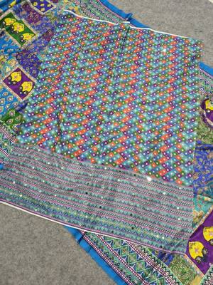 Women   s blue printed saree with traditional beautiful print and with real mirror work 4