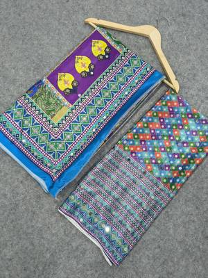 Women   s blue printed saree with traditional beautiful print and with real mirror work 5