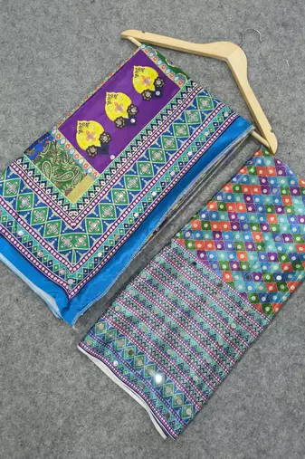 Women   s blue printed saree with traditional beautiful print and with real mirror work