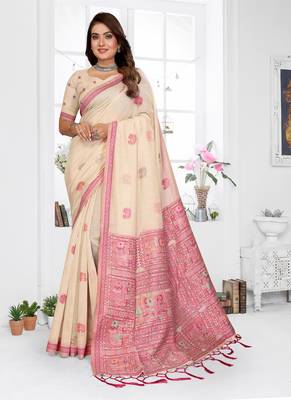 cream jacquard weaving work cotton blend saree 1