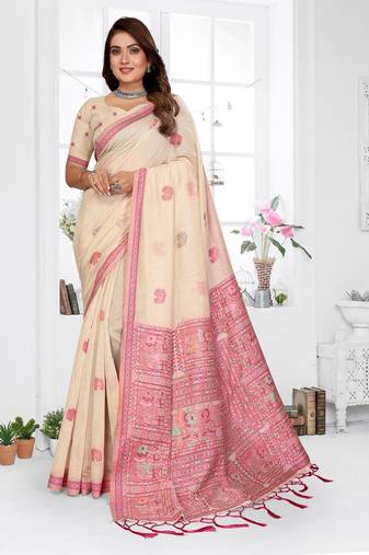 cream jacquard weaving work cotton blend saree
