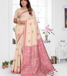 cream jacquard weaving work cotton blend saree