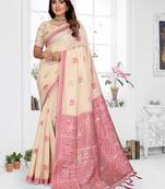 cream jacquard weaving work cotton blend saree