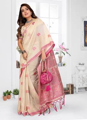 cream jacquard weaving work cotton blend saree 2