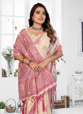 cream jacquard weaving work cotton blend saree 3