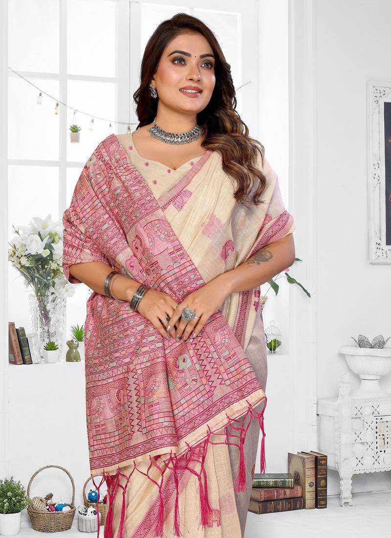 cream jacquard weaving work cotton blend saree