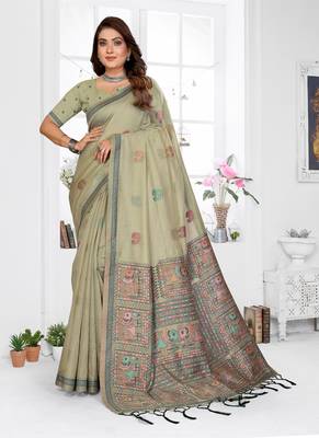 light green jacquard weaving work cotton blend saree 1
