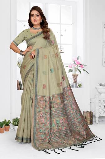 light green jacquard weaving work cotton blend saree