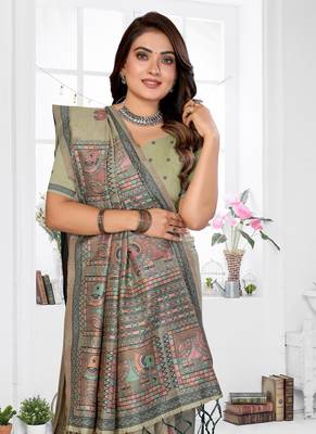 light green jacquard weaving work cotton blend saree 2