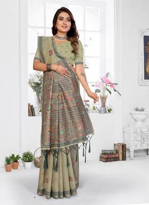 light green jacquard weaving work cotton blend saree 3