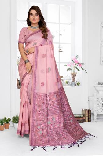 light pink jacquard weaving work cotton blend saree